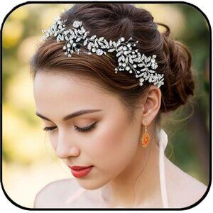 Crystal Hair Vine Bride Wedding Silver Pearl Bridal Headpiece Rhinestone Leaf Ha